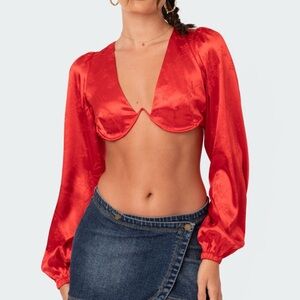 Edikted Red Satin Open Back Bra Top